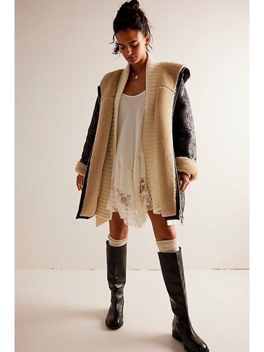 Free People Oversized Sherpa Hoodie Miller Vegan Chunky Jacket Coat Black Large